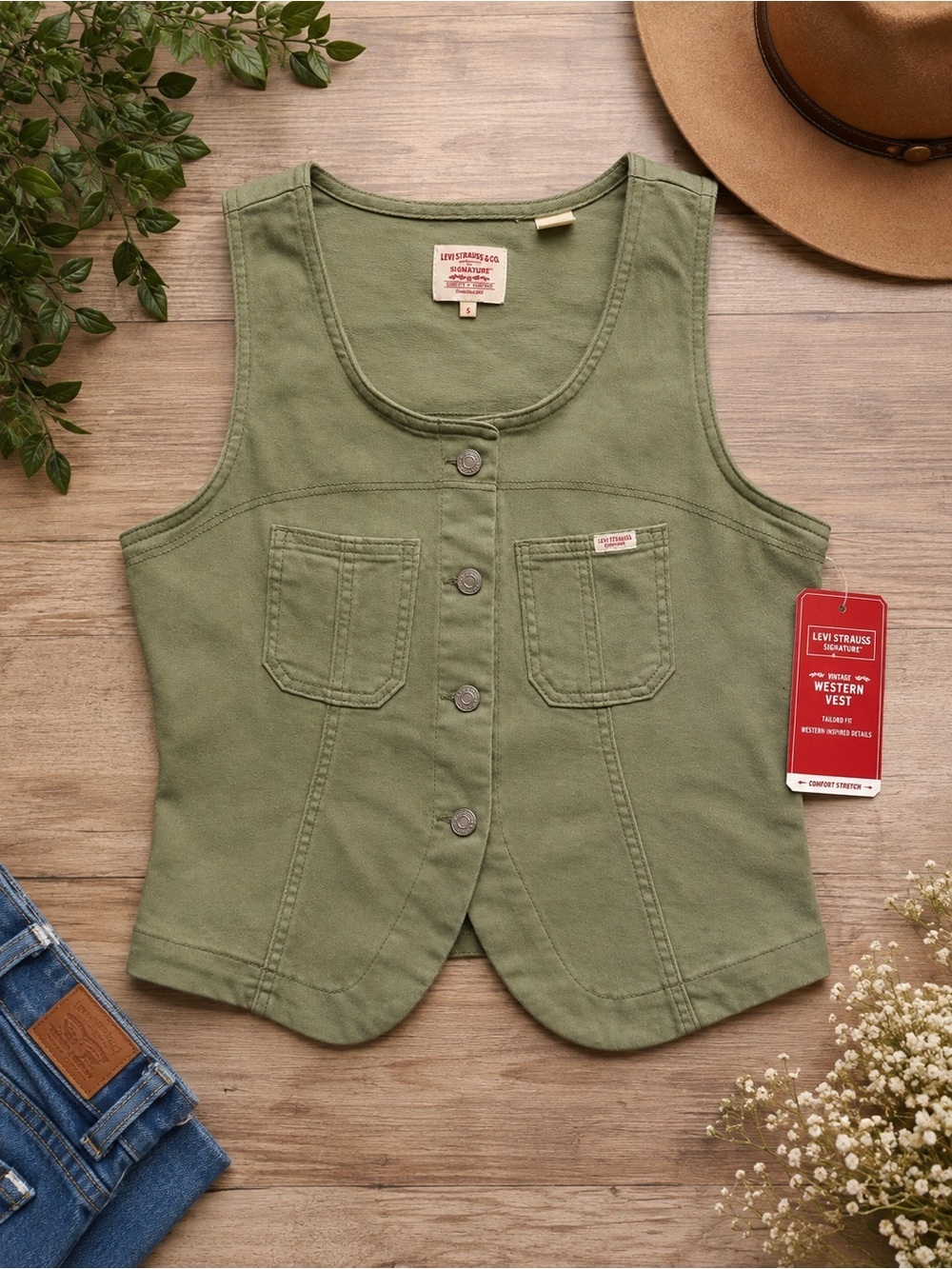 Levi Strauss Signature Vintage Western Vest Olive Green NWT Size S & M